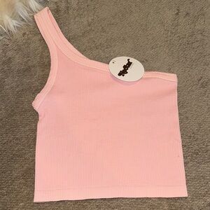 Pink One-Shoulder Ribbed Tank Top